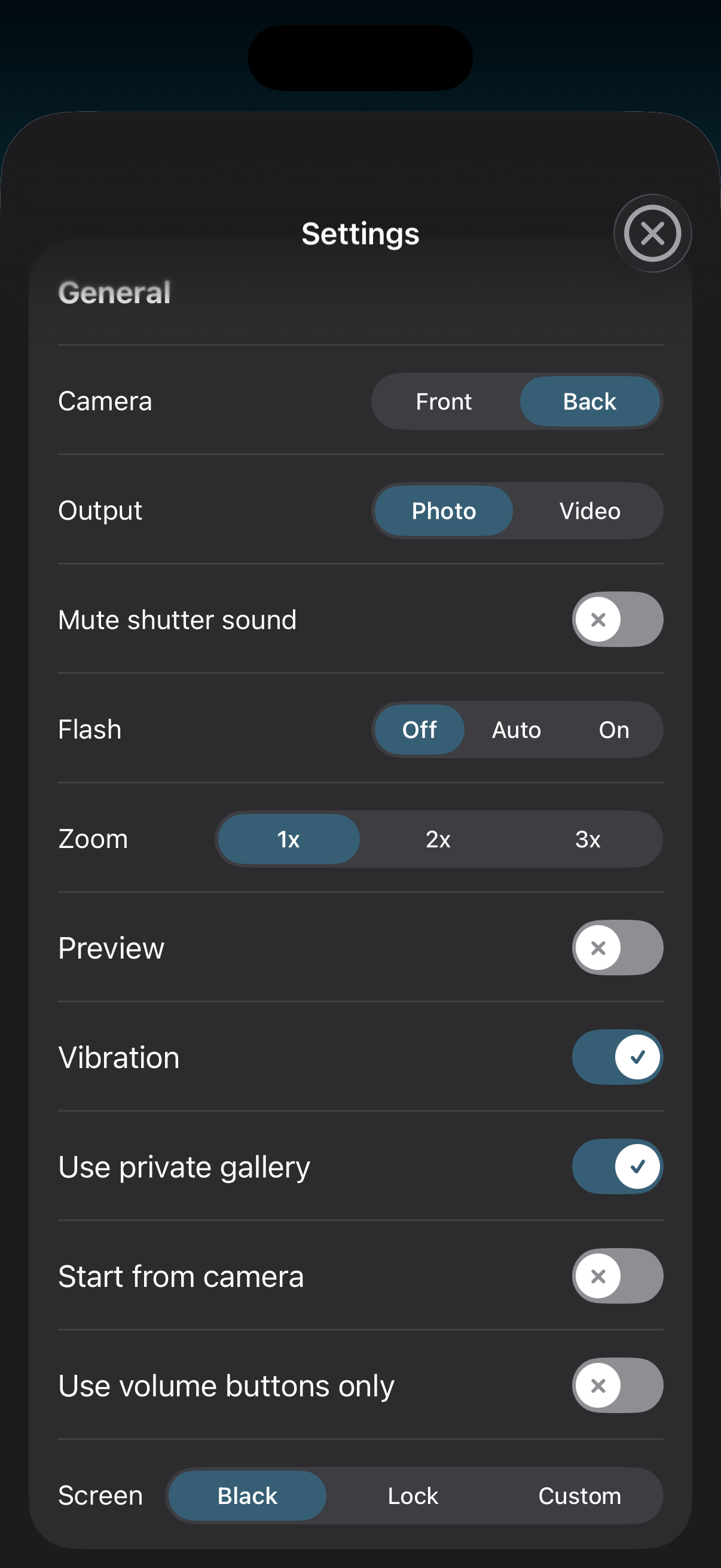 Discreet settings screen with camera, output, flash, zoom, preview and private gallery options