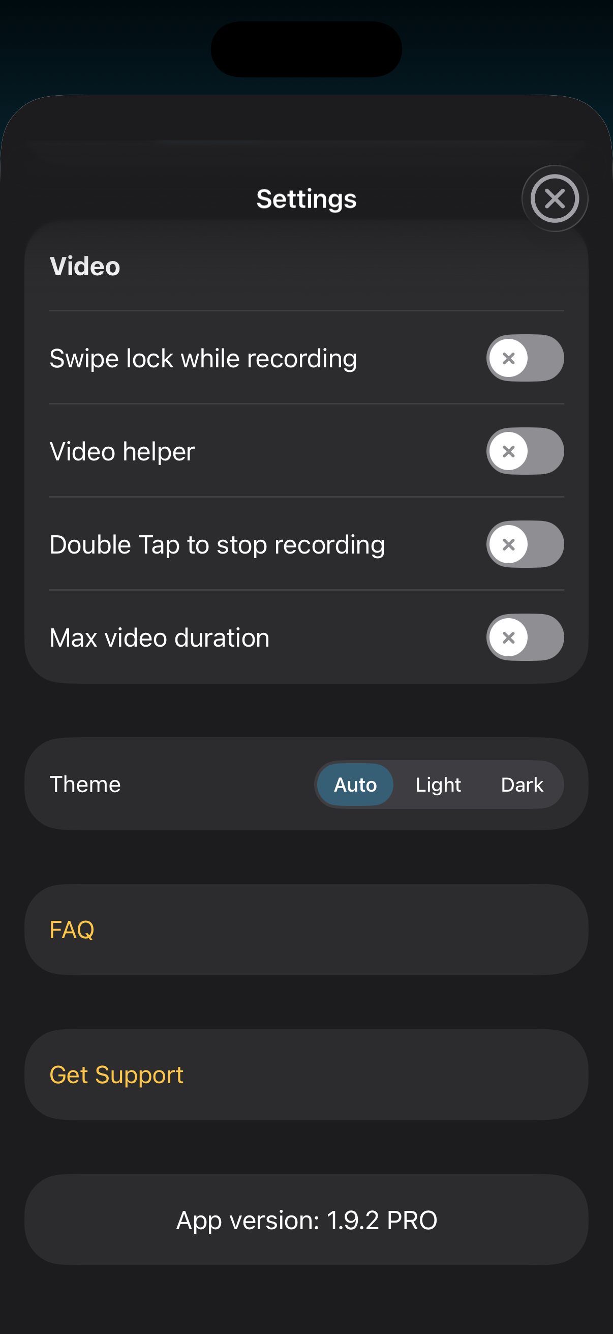 Discreet settings screen with video options and theme selector